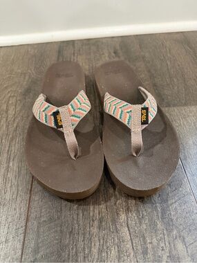 Teva Brown Flip Sandals with Multicolor Patterned Straps